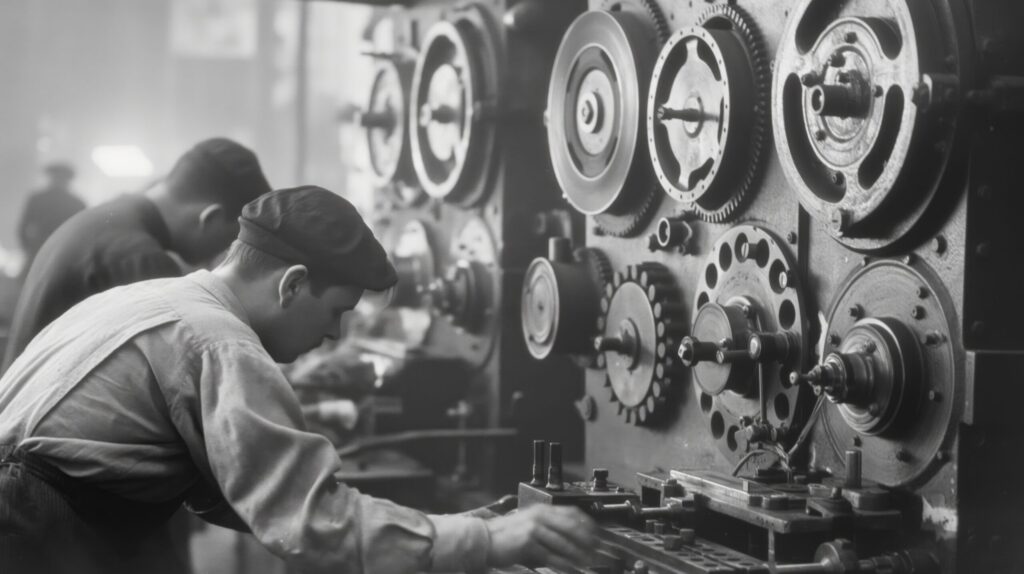 Historische Aufnahme in einer Produktionshalle.