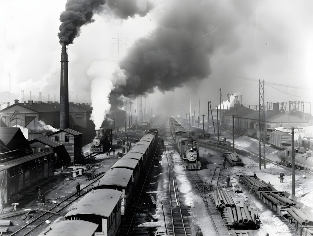 Historische Aufnahme, die einen Güterbahnhof zeigt.