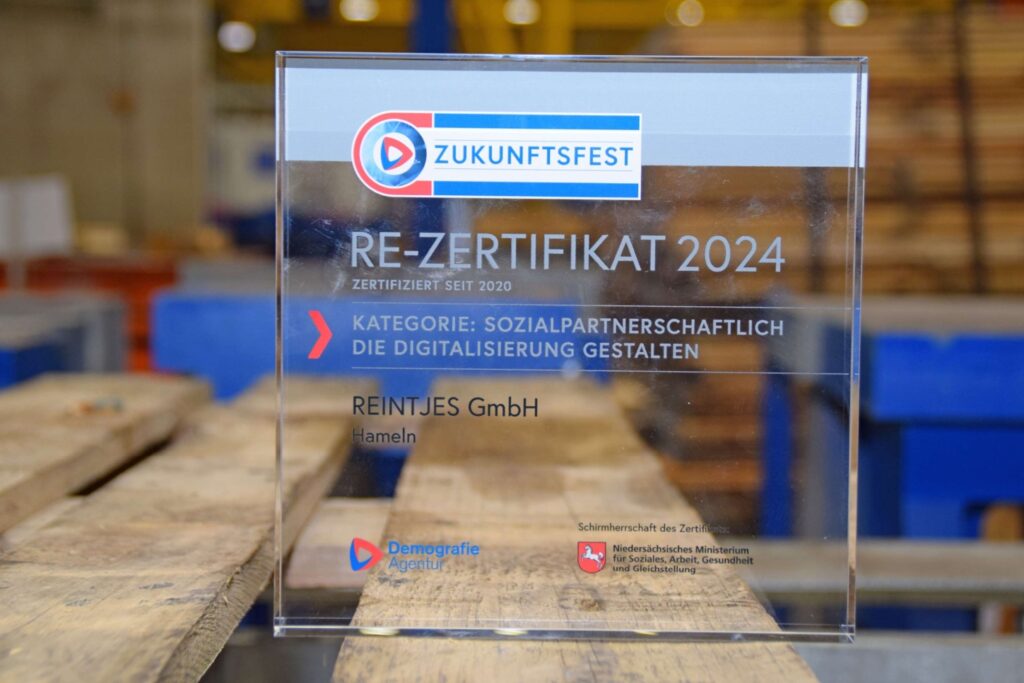 Das Zukunftsfest Zertifikat, das REINTJES 2024 erneut verliehen bekommen hat.