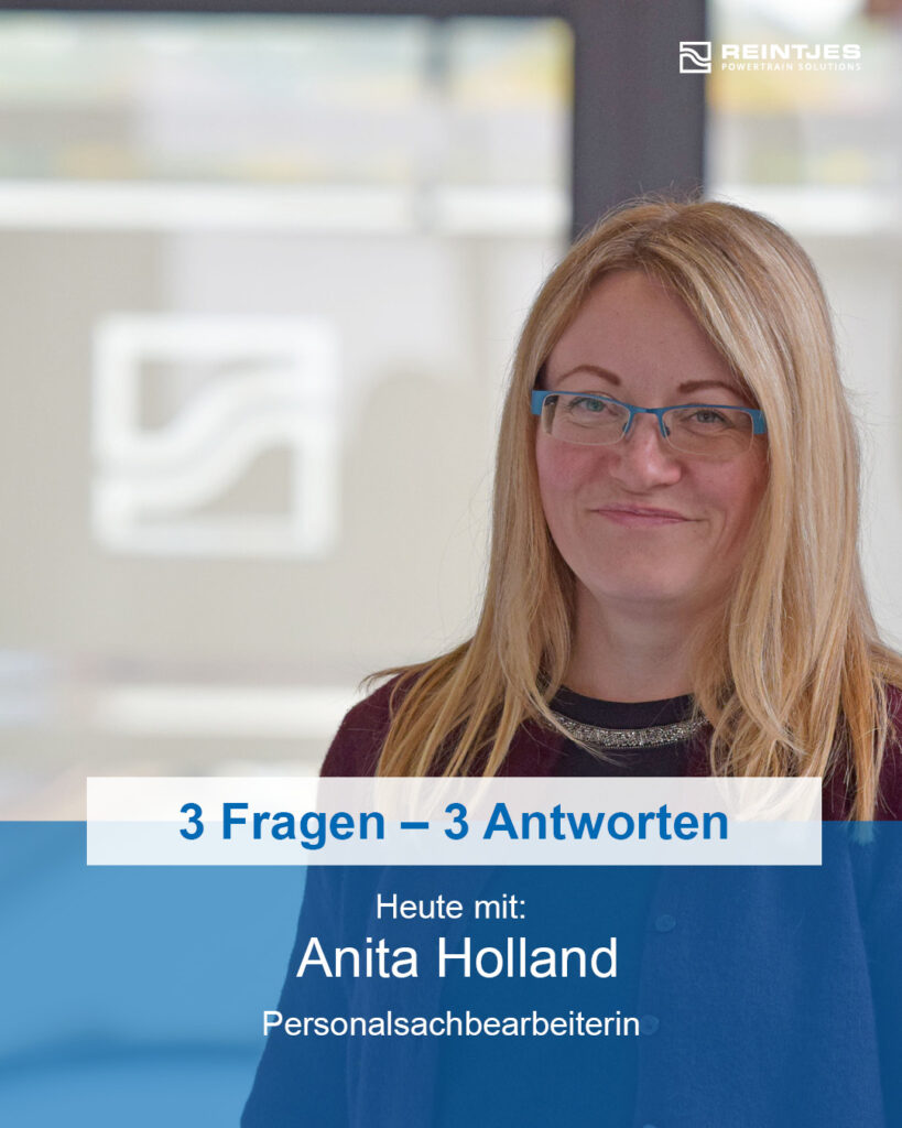 Folie für die 3-Fragen-3-Antworten-Serie mit Personalsachbearbeiterin Anita Holland.