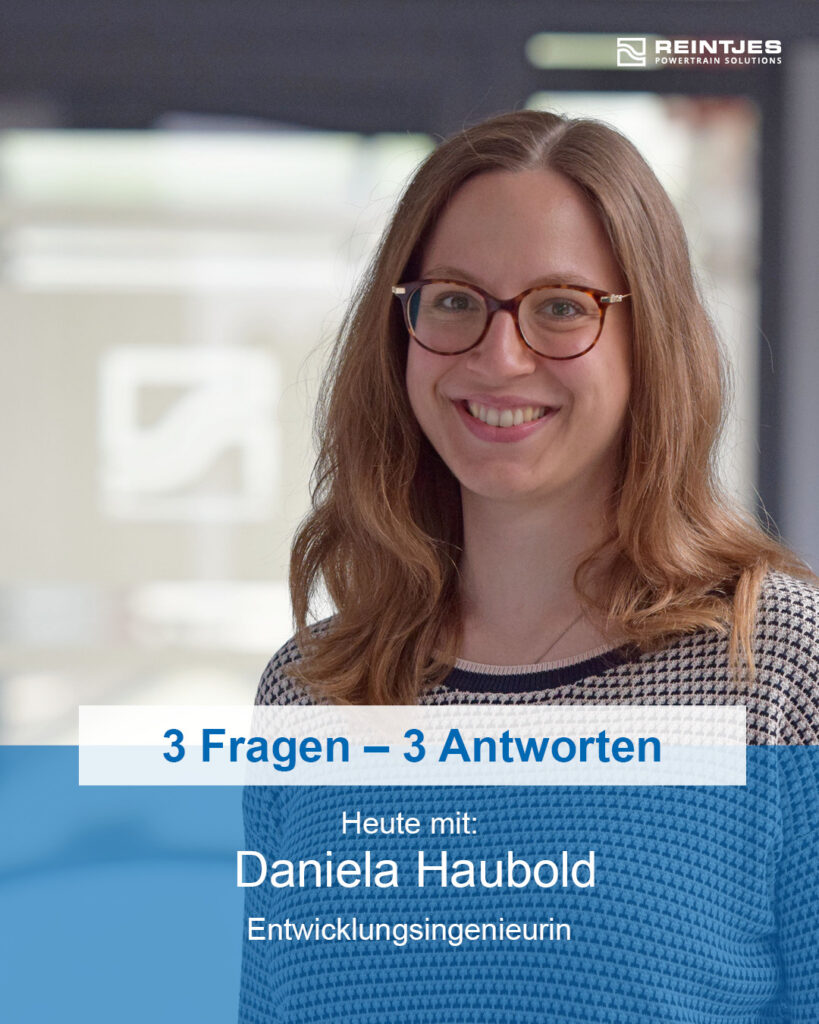Folie für die 3-Fragen-3-Antworten-Serie mit Entwicklungsingenieurin Daniela Haubold.